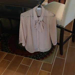 Tan 3/4 length bow tie blouse